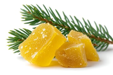 Yellow Confectionery Cubes with Spruce Branch on White Background Close Up