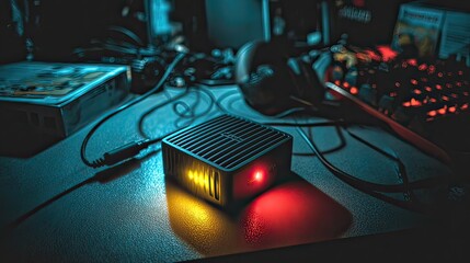 A small, dark-grey cube-shaped device with illuminated yellow and red LEDs sits on a cluttered desk in low light, surrounded by cables, a keyboard, and other gaming peripherals