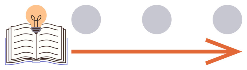 Open book with a lightbulb symbolizing ideas, connected to a dotted path leading to a bold arrow. Ideal for education, knowledge sharing, innovation, creativity, planning, progress, simple flat