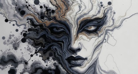 Human face icon formed from flowing ink rivers, abstract portrait symbolizing emotion
