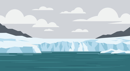 Melting glacier action arctic landscape digital art cold environment aerial view climate change impact. Vector illustration
