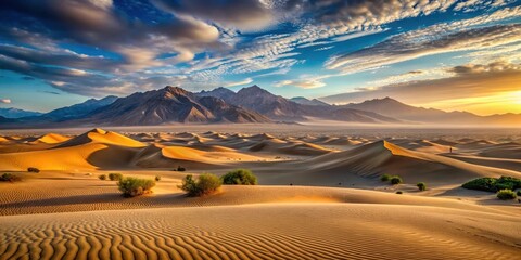 Desert landscape at sunset with mountains in the background and a vast expanse of sand dunes