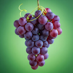 Fototapeta premium Vibrant Ripe Red Grapes Bunch with Green Tendrils Isolated on a Bright Green Background