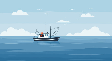 Fishing boat on tranquil ocean seascape illustration serene environment aerial view maritime concept. Vector illustration