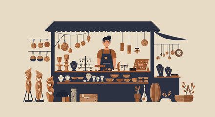 Artisan market stall local crafts open-air bazaar vibrant environment front view cultural experience. Vector illustration