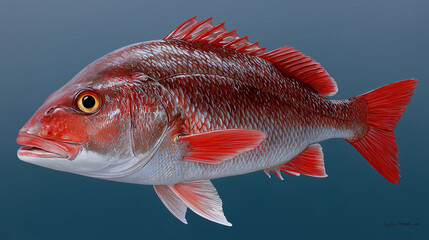 Vibrant red fish with striking scales and fins, showcasing intricate details and lifelike appearance, swimming gracefully serene underwater