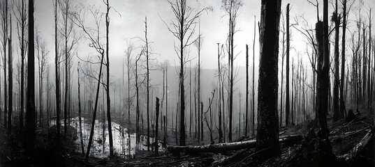 Black and white burnt forest landscape photography eerie woods after fire natural disaster trees dead 100
