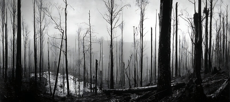 Black and white burnt forest landscape photography eerie woods after fire natural disaster trees dead 100