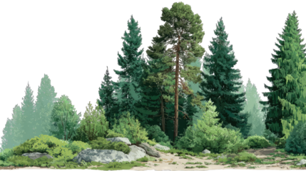 Lush forest scene with towering trees and rocks