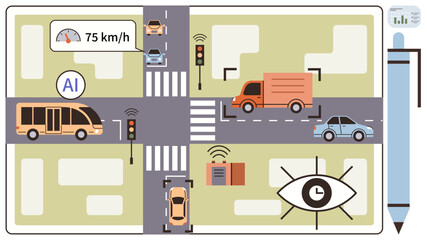 Vehicles including cars, bus, and van at an intersection with AI, sensors, speed indicators. Ideal for smart cities, transportation, automation safety monitoring innovation urban design. Simple