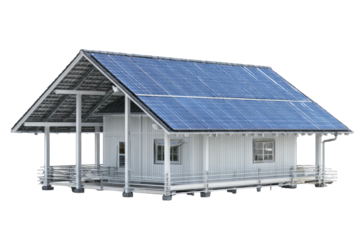 Modern, light-colored house with solar panels on the roof