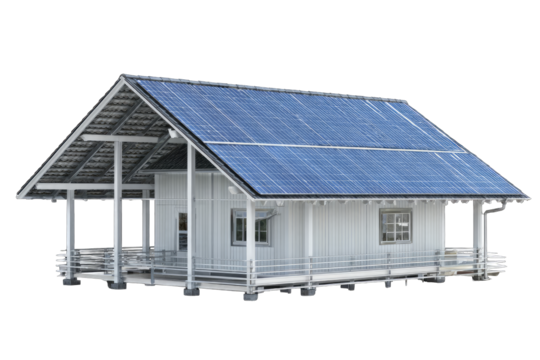 Modern, light-colored house with solar panels on the roof - Powered by Adobe