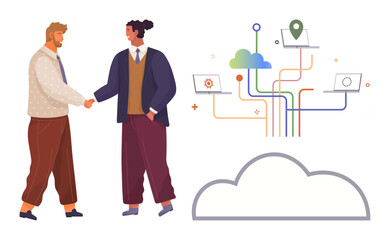 Two professionals exchanging handshake, cloud graphic with connected devices and data lines. Ideal for teamwork, business agreement, collaboration, technology, digital solutions, data management