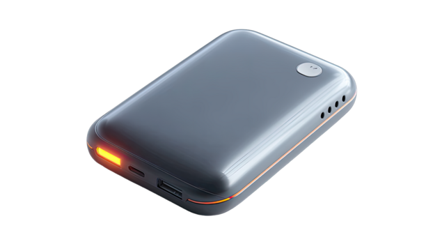 Portable gray power bank with orange indicator light