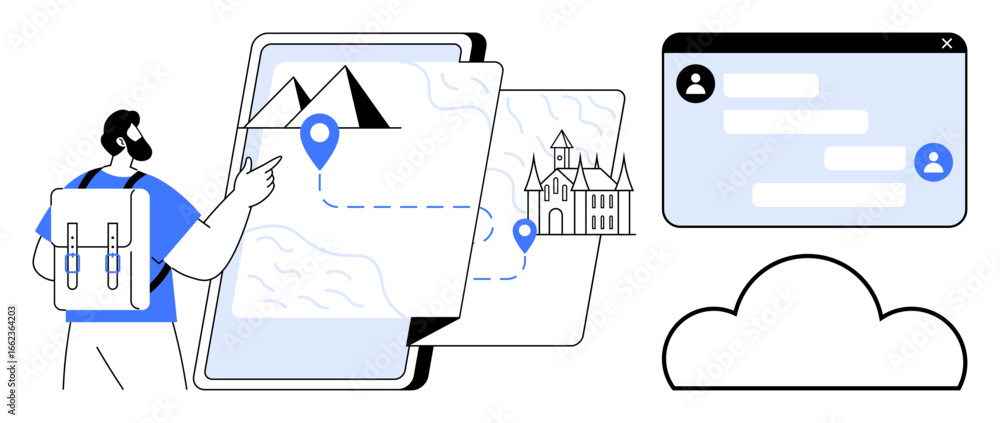 Poster backpacker pointing at a digital map with landmarks and route, chat interface visible. ideal for nav