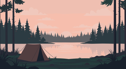 Camping adventure at serene lake digital artwork nature scene peaceful environment wide viewpoint. Vector illustration