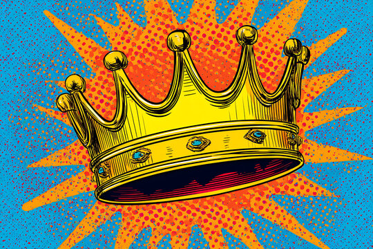 Vibrant illustration of a golden crown surrounded by a colorful comic-style burst background