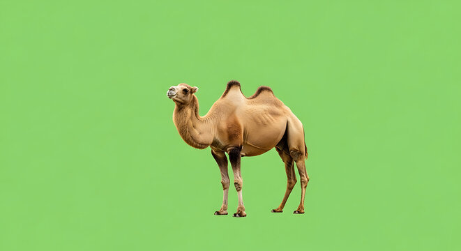 Desert Camel Standing Isolated on Vibrant Green Screen Background, Ready for Compositing and Design Projects