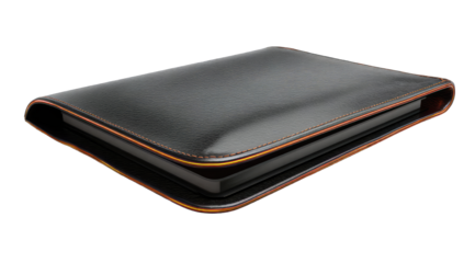 Dark leather case, angled view