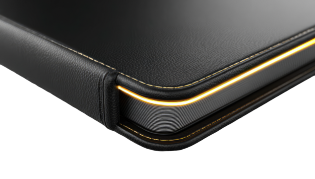 Close-up of a black leather journal's corner, with glowing white edge