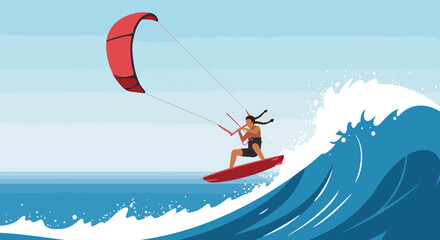 Kite surfing action on vibrant ocean waves coastal beach dynamic sports photography sunny environment aerial view. Vector illustration