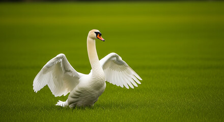 Graceful white swan spreading its majestic wings on a vibrant green field, showcasing natural beauty and freedom.
