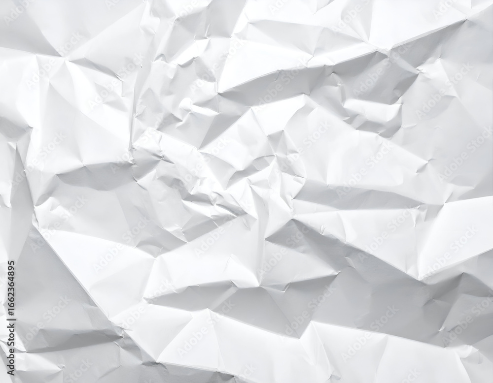 Poster white crumpled paper texture background with prominent creases and shadows, ideal for abstract desig
