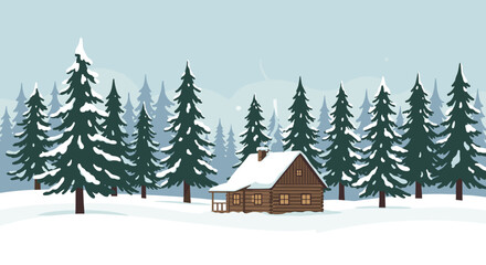 Winter wonderland scene featuring a cozy cabin surrounded by snowy pine trees. Vector illustration