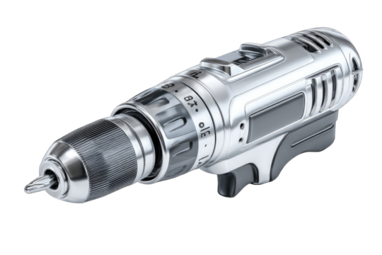 High-angle view of a silver cordless drill