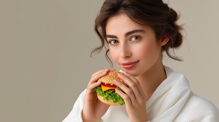 Young woman holds delicious burger, showcasing fresh ingredients like lettuce and tomato. Her expression is joyful and inviting, emphasizing
