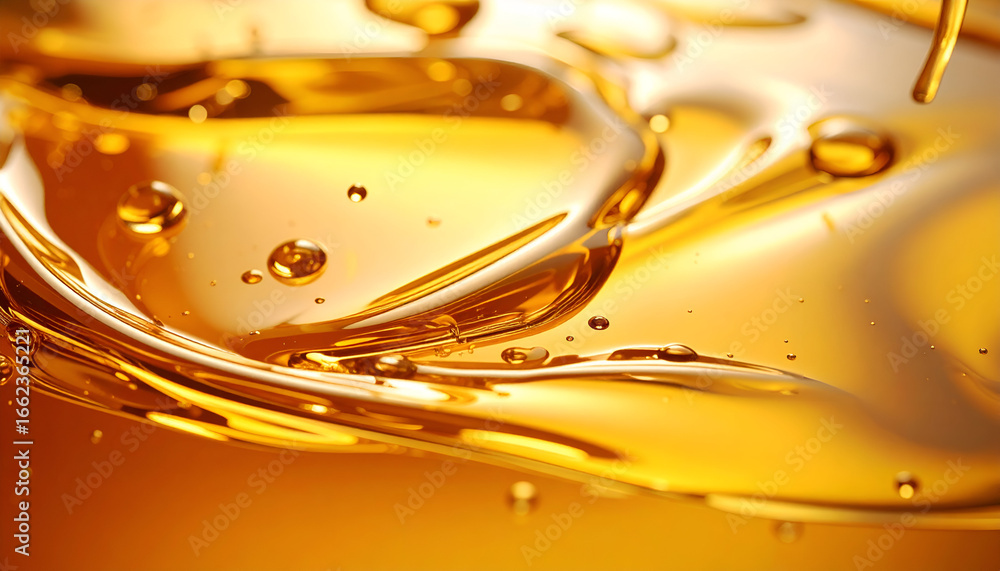 Poster vibrant golden liquid flowing with beautiful waves and sparkling bubbles, creating an abstract and d