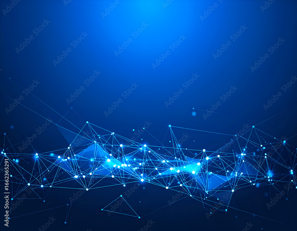 Poster abstract blue digital network background with connected lines and glowing dots, symbolizing global t