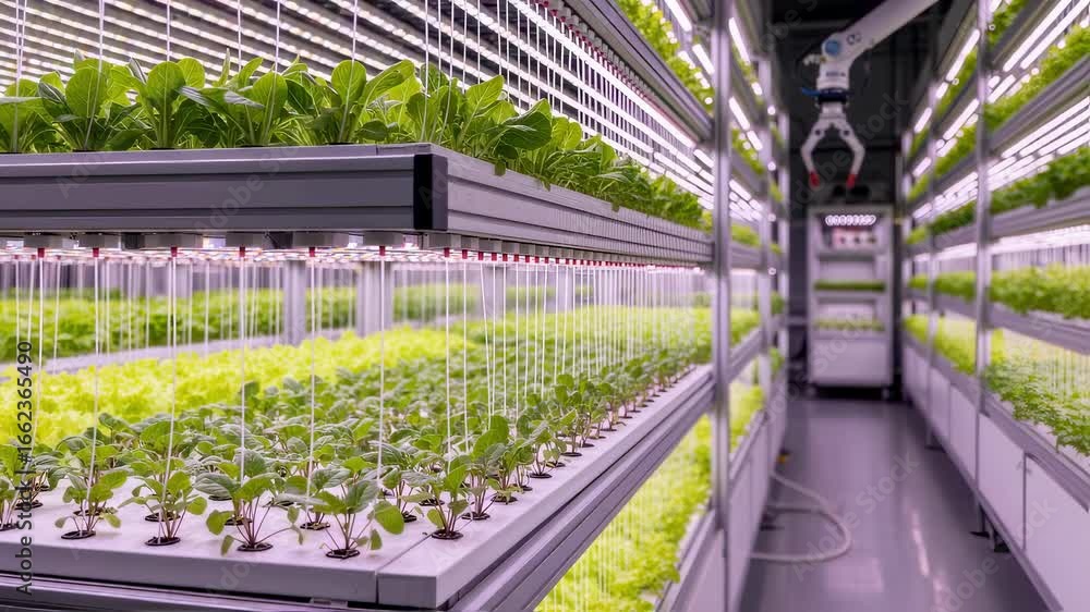 Poster rows of young seedlings growing on a vertical farm automation platform with precision nutrient deliv