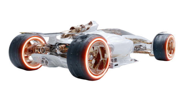 Futuristic white race car with orange rims