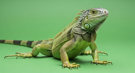 Obraz premium Green Iguana Isolated on Green Background. Detailed Reptile Portrait with Scales and Crest.