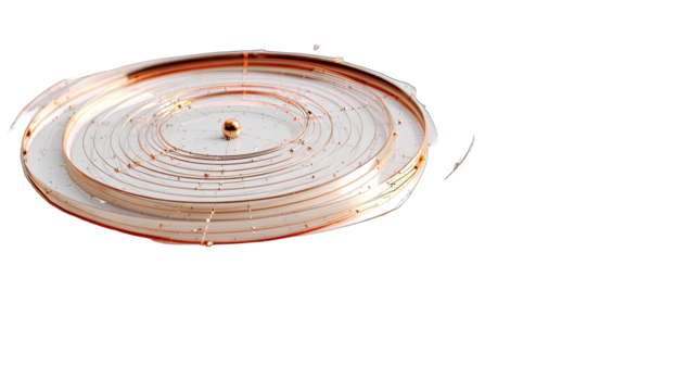 Abstract, swirling, concentric circles, in a copper color with a central sphere