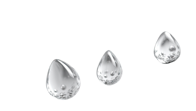 Three teardrop-shaped water droplets