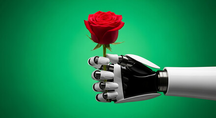 Robotic Hand Presenting Red Rose on Green Background: Technology, Love & Future Concept