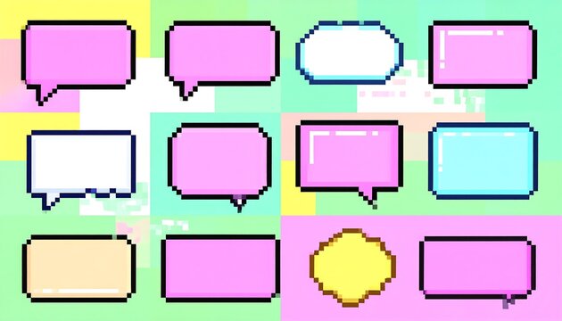 Collection of pixel art speech bubbles in pastel colors.