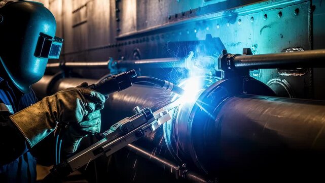 Welder applying orbital welding on submarine pipeline segments integrated into the hull structure of a naval vessel.