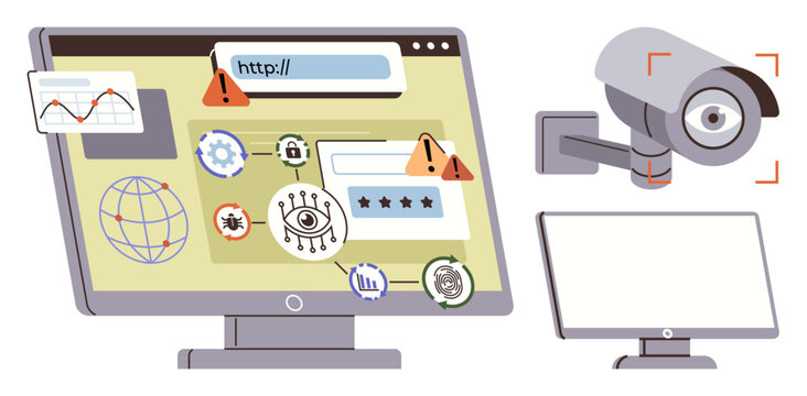 Computer monitor with warning alerts, global connectivity icons, and analytics charts, paired with a security camera. Ideal for data protection, online security, surveillance, risk management