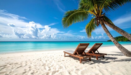 Tropical beach scene with sun loungers