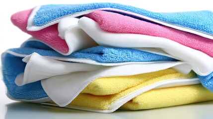 A neat stack of colorful microfiber cloths, in pastel shades of pink, blue, and yellow, with white borders, sits on a reflective white surface.  The cloths are soft and appear absorbent