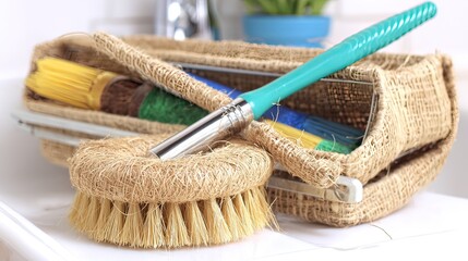 A teal-handled brush rests beside a burlap-wrapped caddy containing various cleaning brushes; a circular brush made of natural fibers sits in the foreground on a white countertop