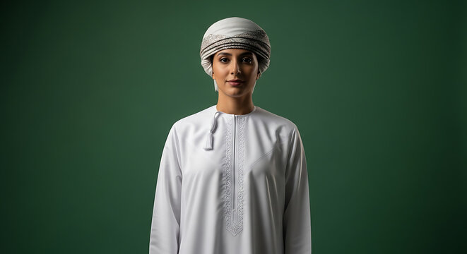 Confident Middle Eastern Woman in Traditional White Thobe and Turban on Green Background