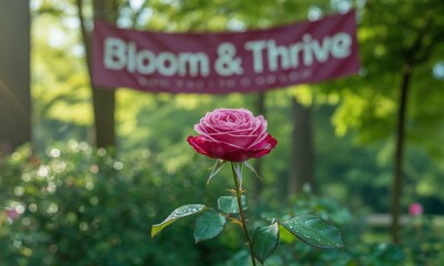 Pink rose blooms in garden, banner overhead
