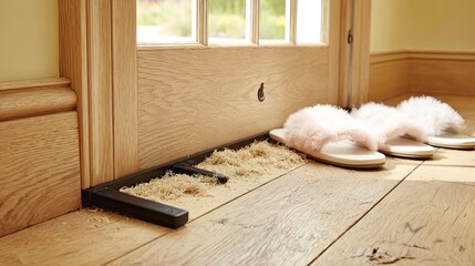 Light oak flooring and door frame with wood shavings near a black metal threshold and a pair of pink fluffy slippers