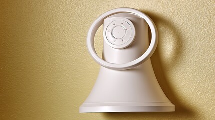 Off-white, bell-shaped device with circular controls mounted on a pale yellow wall.  It features a ring-shaped handle and a small, central dial