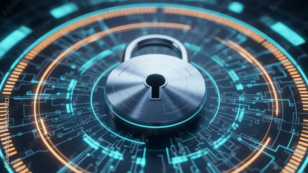 Poster a close-up view of a silver padlock surrounded by digital circuit patterns, representing security.