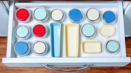 An open white drawer neatly organizes various small, lidded jars and rectangular containers in pastel colors;  a top-down view shows a systematic arrangement within the drawer's interior